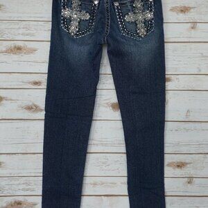 Miss Me 25 Skinny Bling Metallic Stitching Cross